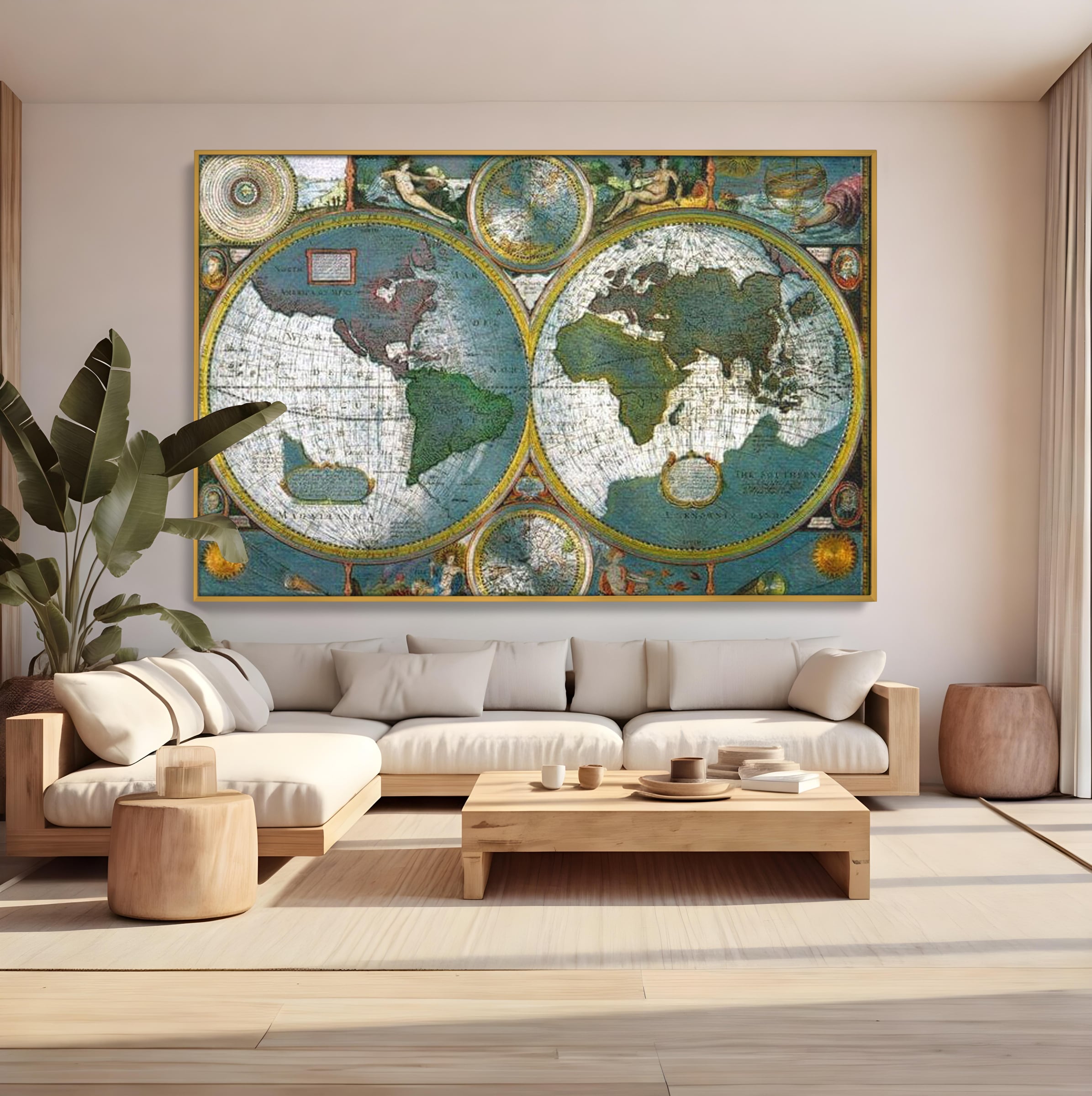 Tablou canvas cu harta veche a lumii cu doua emisfere, in rama de aluminiu auriu, pe perete intr-un living